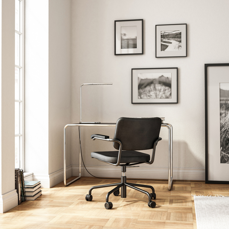 Fauteuil de bureau S 64 ATELIER PVDR Nubuck marron moyen, surpiqûres marron orange THONET