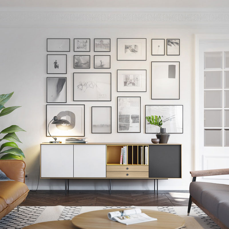 Meuble de rangement AURA L 212 x H 77 Chêne / Blanc / Jaune TREKU