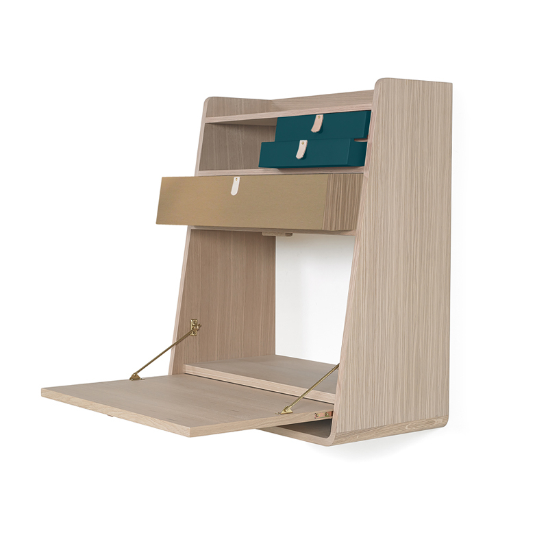 Bureau Secrétaire mural GASTON chêne Bleu pétrole/ laiton brossé HARTO