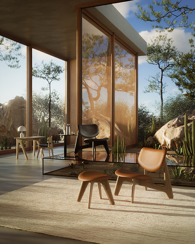 Fauteuil SLAB LOUNGE Chêne/ cuir cognac TOM DIXON