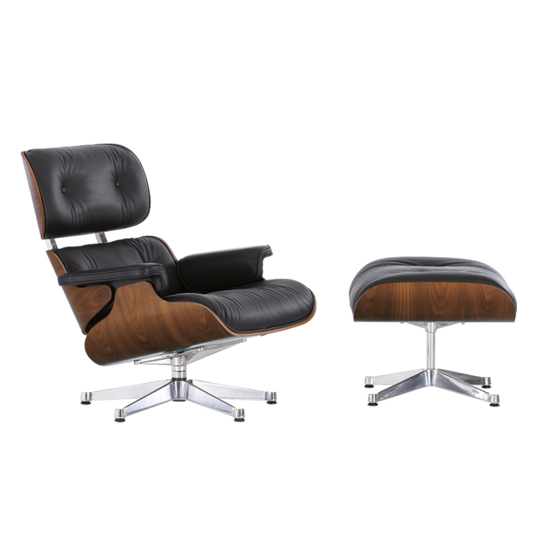 Fauteuil EAMES LOUNGE & OTTOMAN Cuir noir/ coque noyer pigmenté noir VITRA