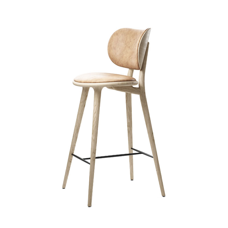 Tabouret haut HIGH STOOL BACKREST Chêne laque mate/ cuir naturel MATER