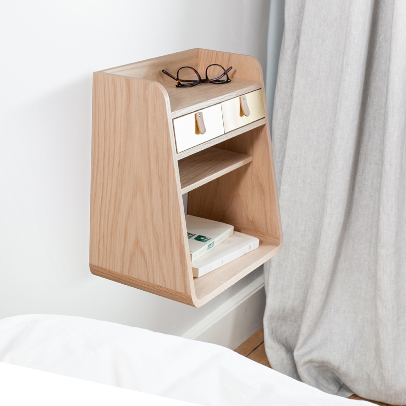 Etagère Rangement mural SUZON Noyer/ tiroirs laiton HARTO