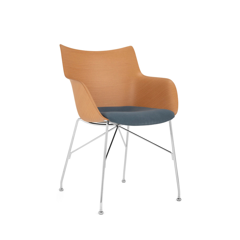 Chaise Q/WOOD assise tissu Bois clair/ chrome/ bleu clair KARTELL