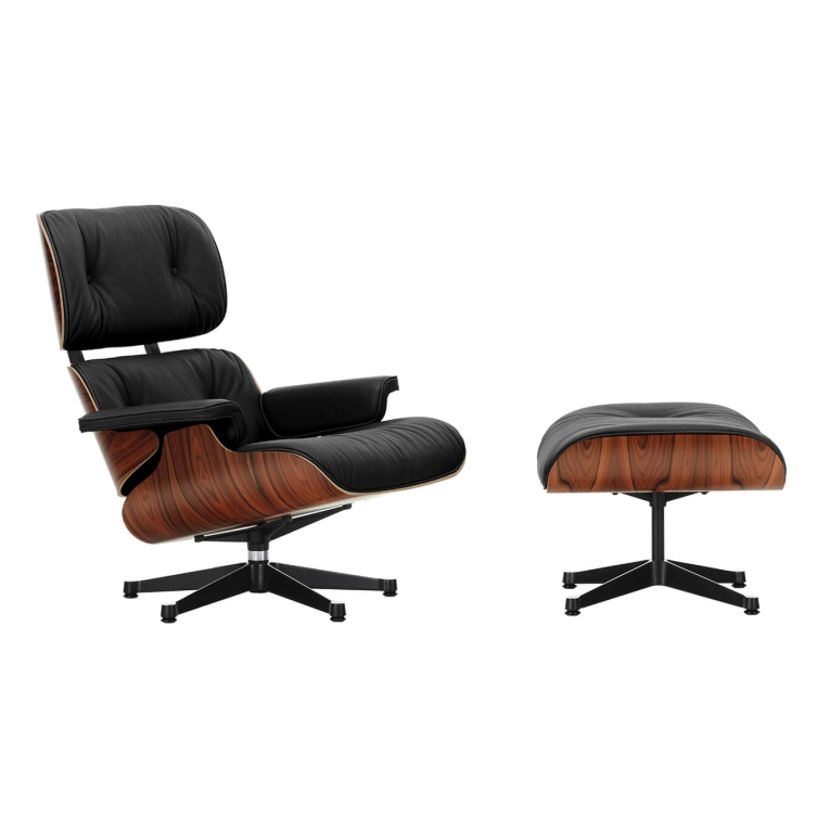 Fauteuil EAMES LOUNGE & OTTOMAN Cuir noir/ coque palissandre VITRA