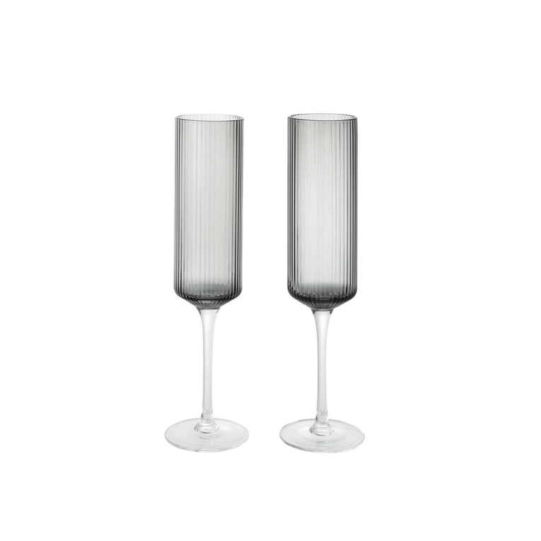 Glassware Set of 2 RIPPLE Champagne Flutes Smoked Grey FERM LIVING