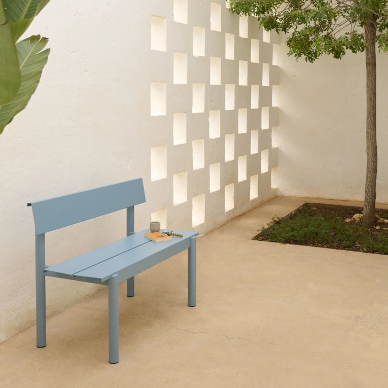 Outdoor Bench LINEAR STEEL with backrest W 110 Pale blue MUUTO
