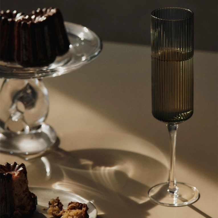 Glassware Set of 2 RIPPLE Champagne Flutes Smoked Grey FERM LIVING