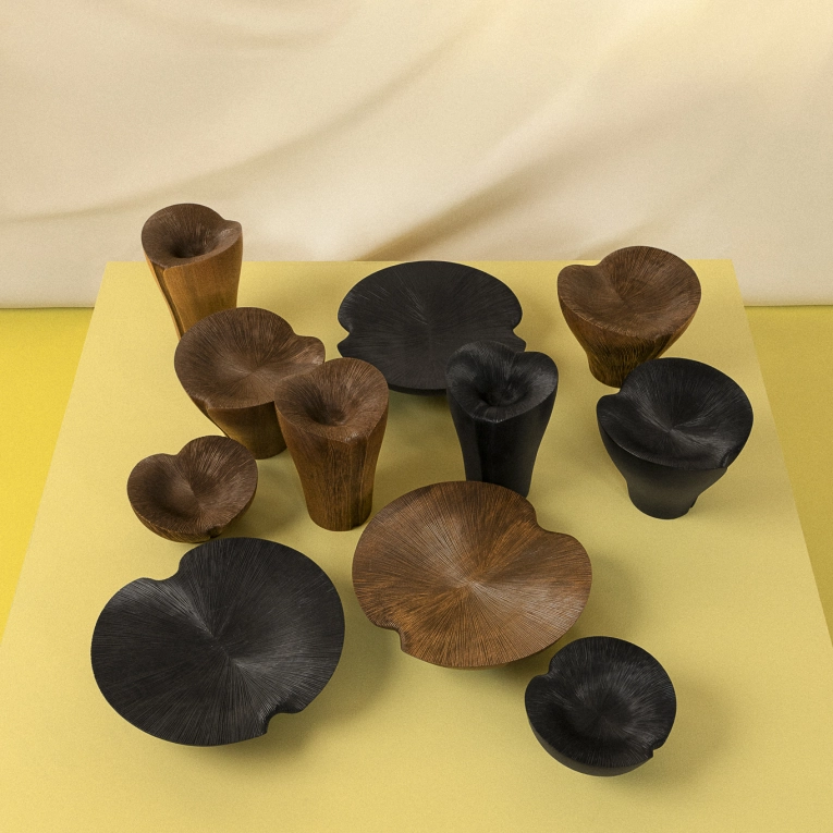 Table Centrepiece KALA tall full base carved Walnut ZANAT