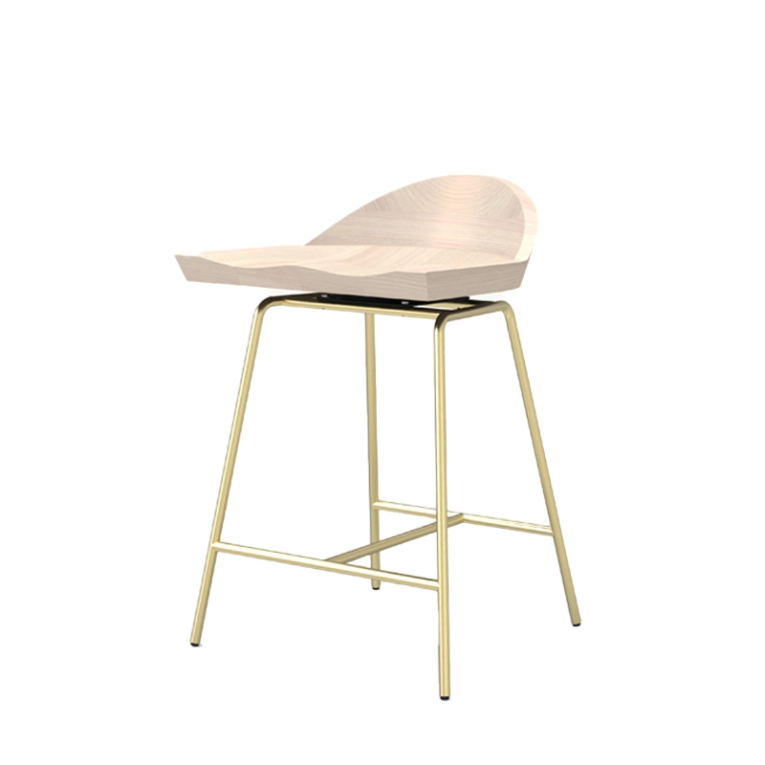 Tabouret haut SPINDLE dossier bas H 61 Frêne blanchi/ laiton satiné BASSAMFELLOWS