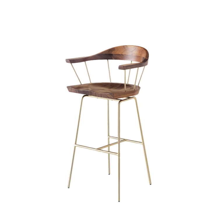 Tabouret haut SPINDLE H 76 Noyer/ laiton satiné  BASSAMFELLOWS