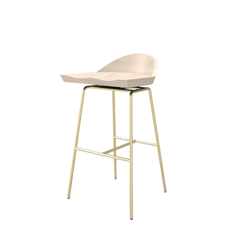 Tabouret haut SPINDLE dossier bas H 76 Frêne blanchi/ laiton satiné BASSAMFELLOWS