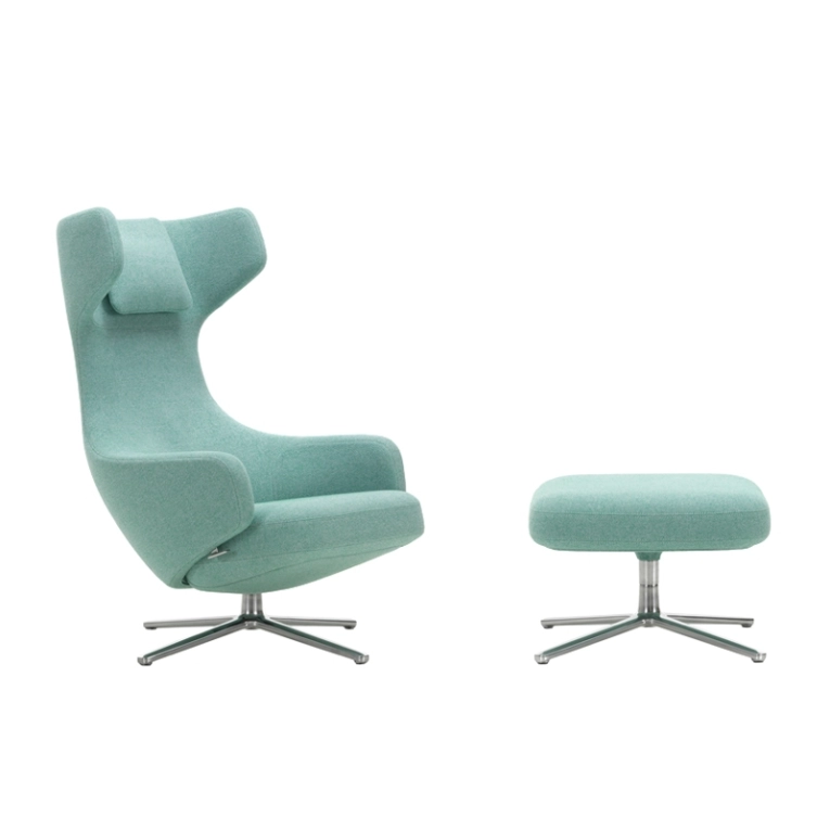 Fauteuil GRAND REPOS & OTTOMAN tissu Dumet 27 bleu voilé/ vert émeraude VITRA
