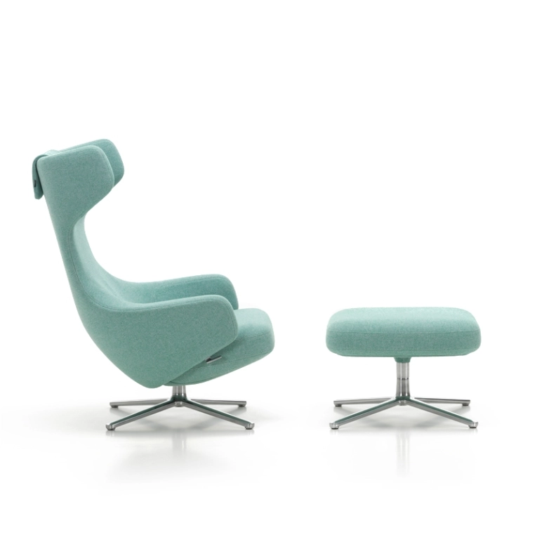 Fauteuil GRAND REPOS & OTTOMAN tissu Dumet 27 bleu voilé/ vert émeraude VITRA