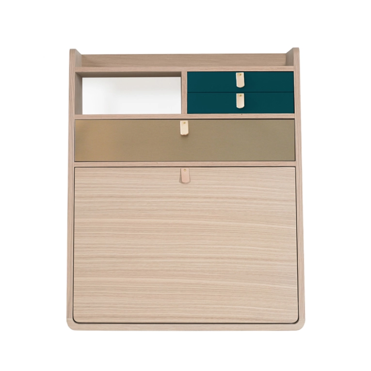 Bureau Secrétaire mural GASTON chêne Bleu pétrole/ laiton brossé HARTO