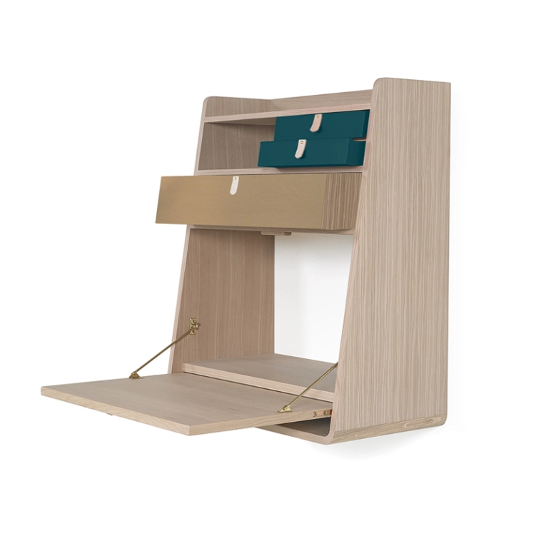 Bureau Secrétaire mural GASTON chêne Bleu pétrole/ laiton brossé HARTO