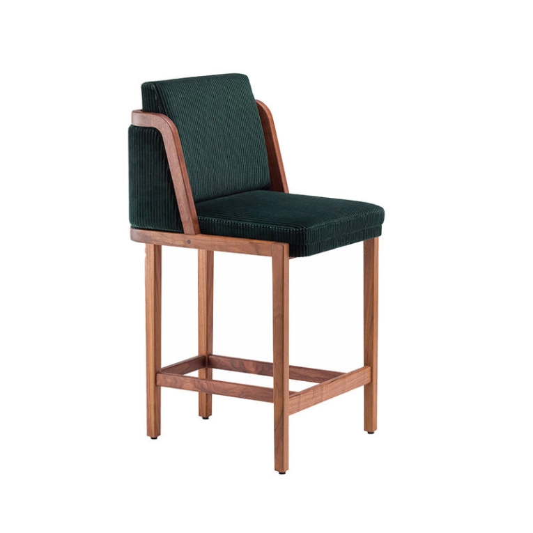 Tabouret haut THRONE dossier tissu Noyer danois huilé / Phlox 983 DE LA ESPADA