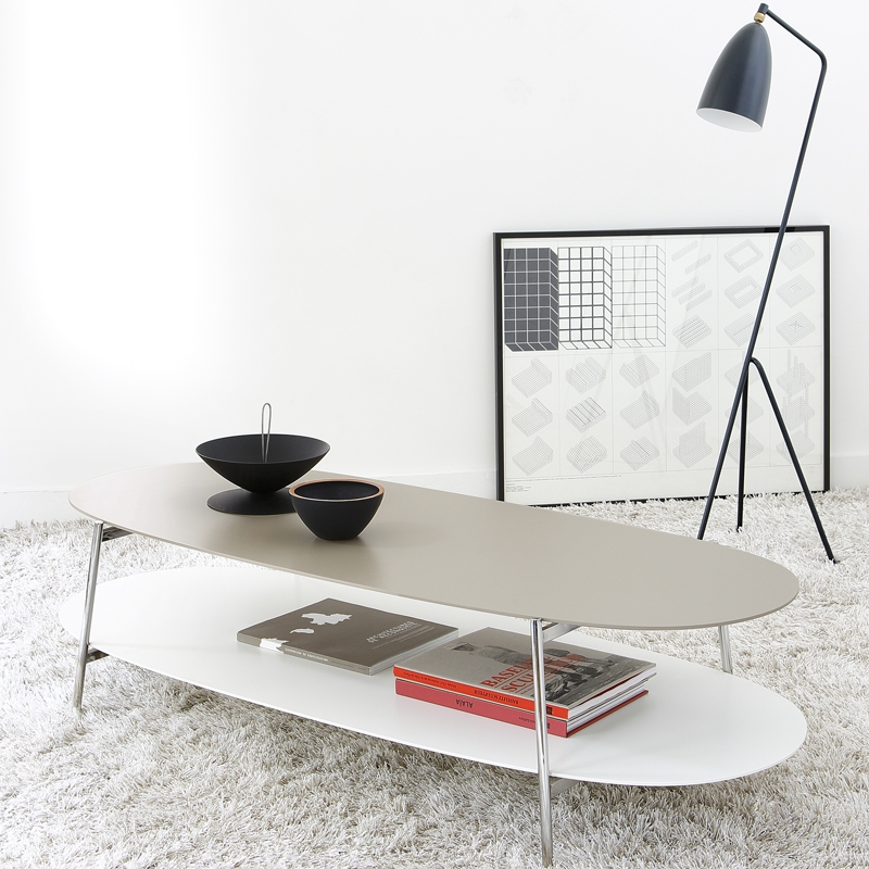 SHIKA L 140 piètement chrome Plateau supérieur beige Plateau inférieur blanc Piétement chromé