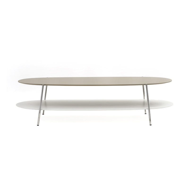 SHIKA L 140 piètement chrome Plateau supérieur beige Plateau inférieur blanc Piétement chromé