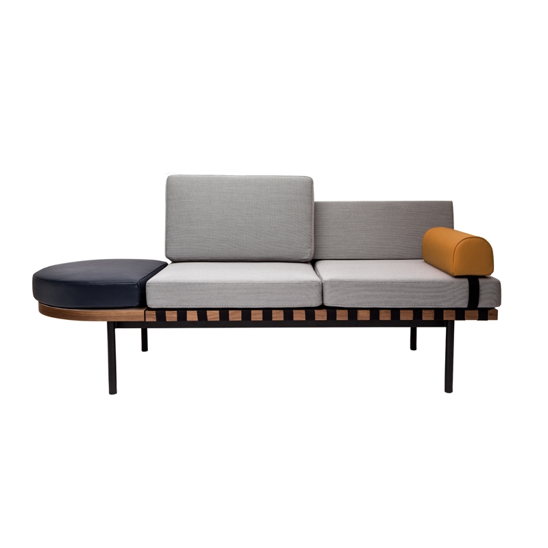 Banquette GRID Gris 133  Cuir bleu, moutarde